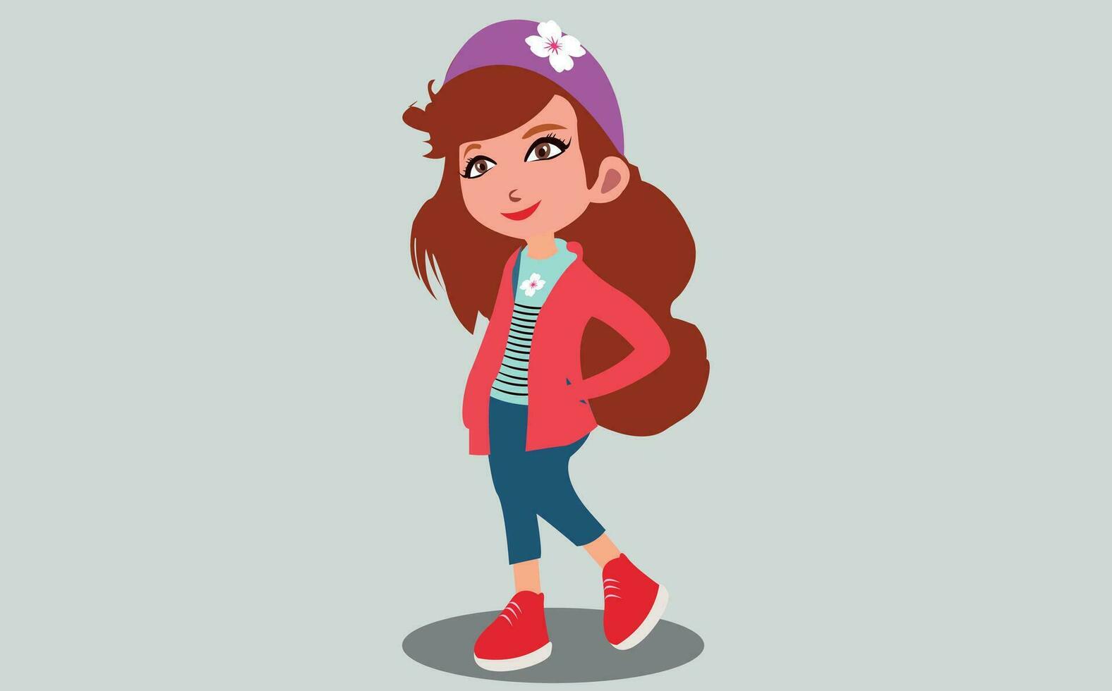 vector teenager girl cartoon character, girl with happy smile on white background.