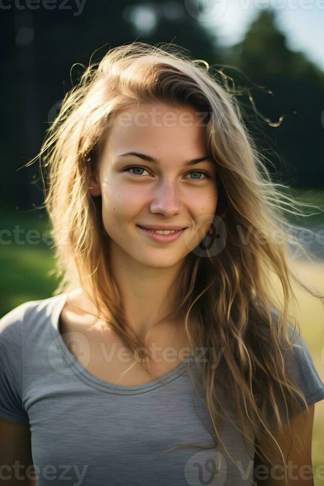 Photo of a smiling woman with long hair looking directly at the camera