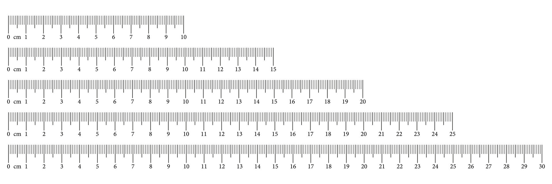 Collection measuring charts with 10,15, 20, 25, 30 centimeters. Length
