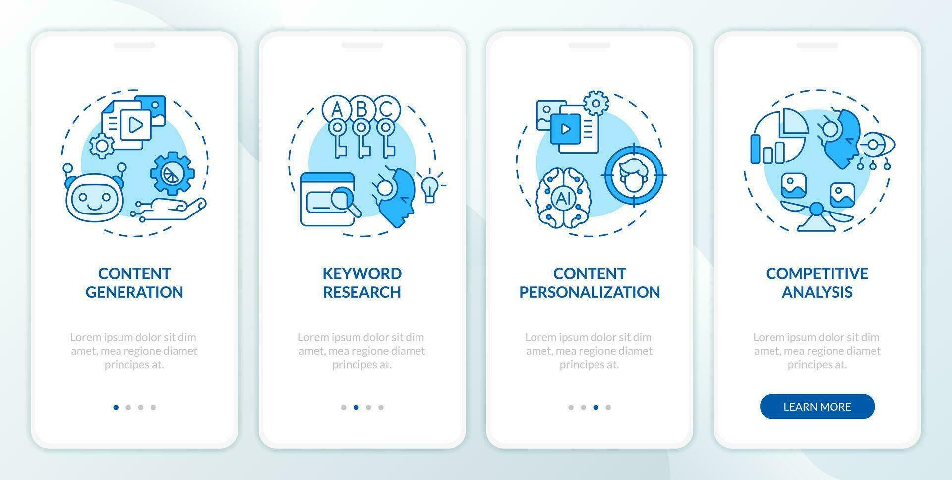 2D icons representing AI for SEO mobile app screen set. Walkthrough 4 steps blue graphic instructions with linear icons concept, UI, UX, GUI template. vector