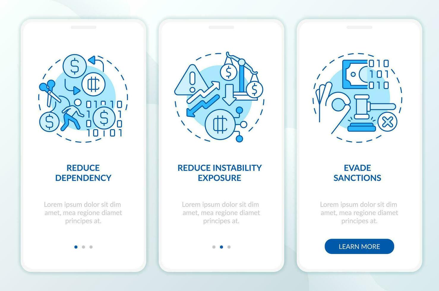 2D icons representing digital currency mobile app screen set. Walkthrough 3 steps graphic instructions with linear icons concept, UI, UX, GUI template. vector