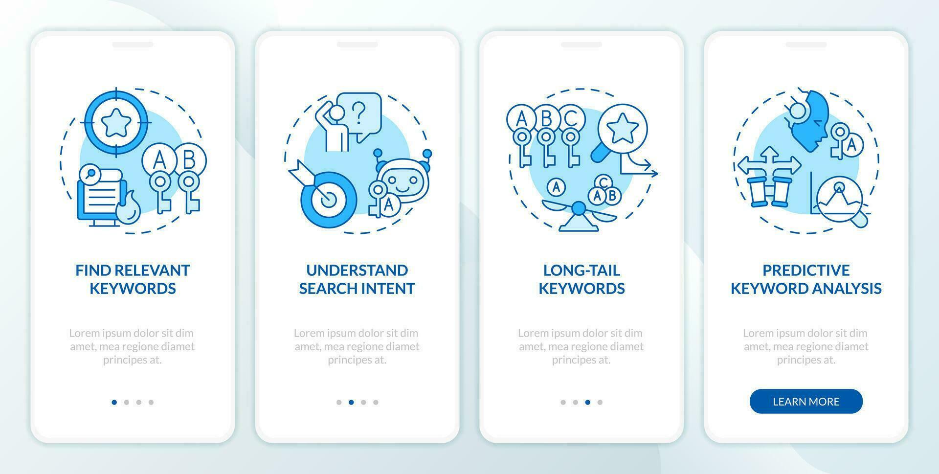 2D blue icons representing AI for SEO mobile app screen set. Walkthrough 4 steps graphic instructions with line icons concept, UI, UX, GUI template. vector
