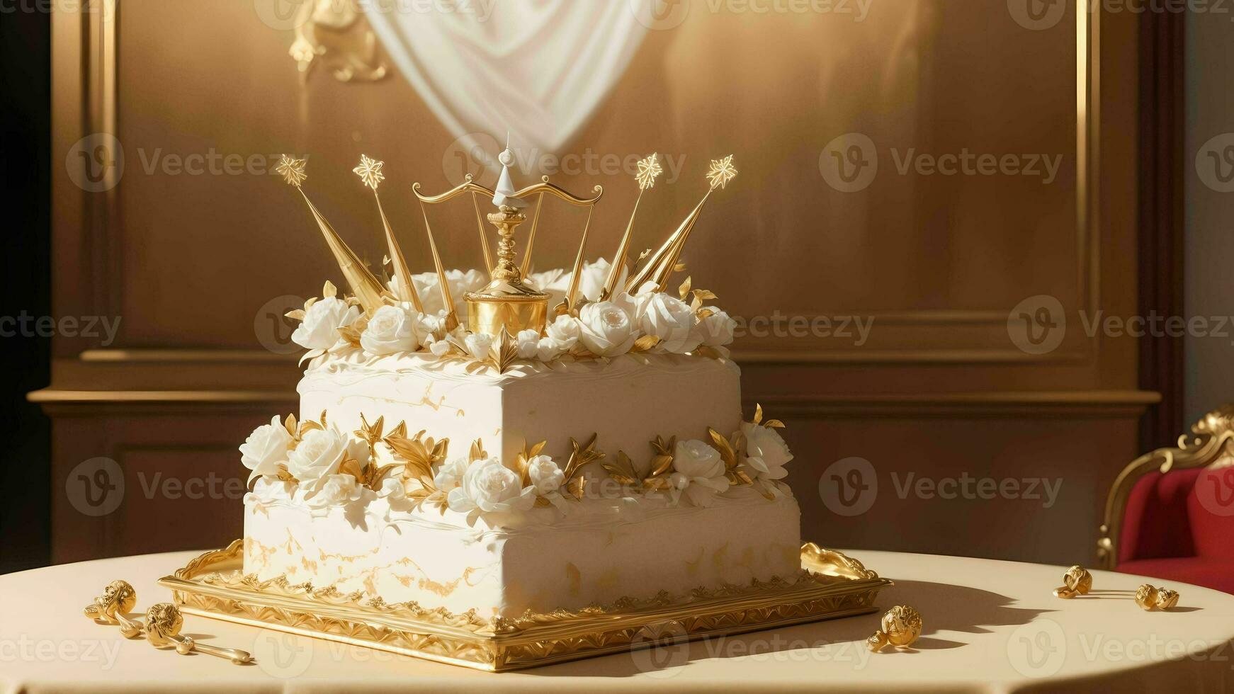 un celebracion de deleite con un elegante cumpleaños pastel dorado ai generado foto