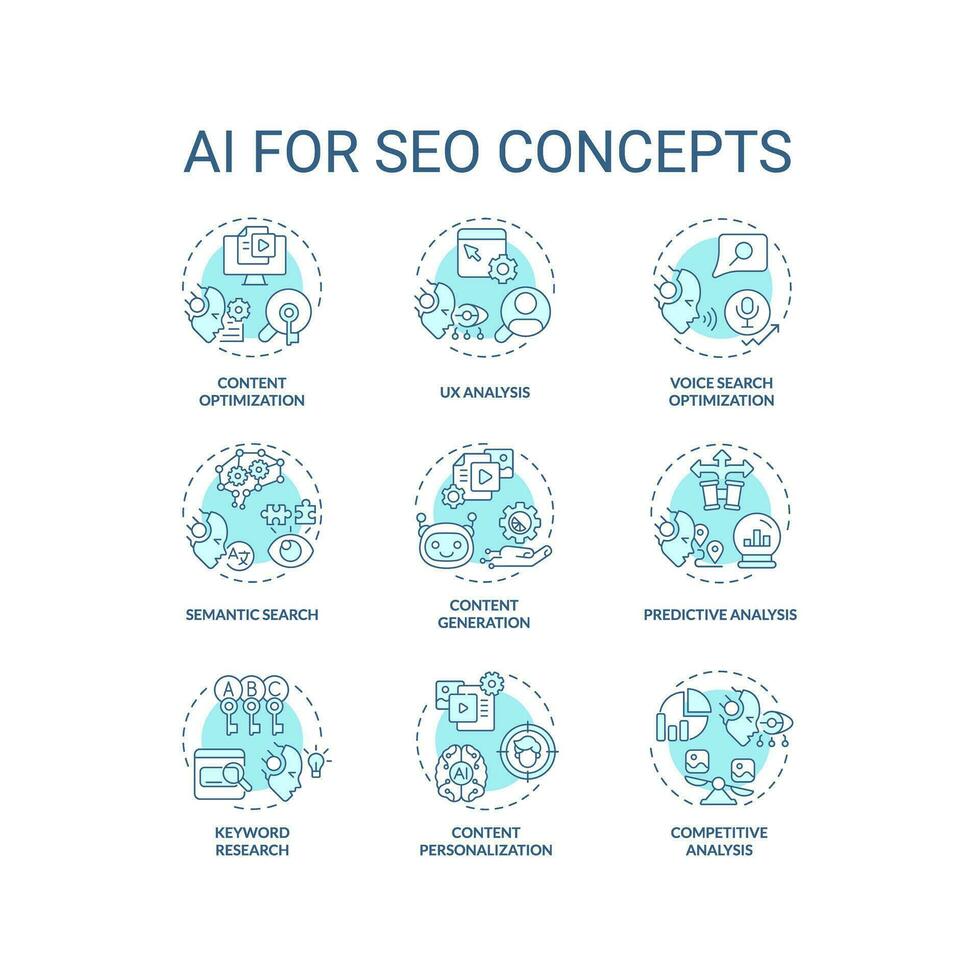 2D editable icons set representing AI for SEO concepts, isolated vector, blue thin line blue illustration. vector