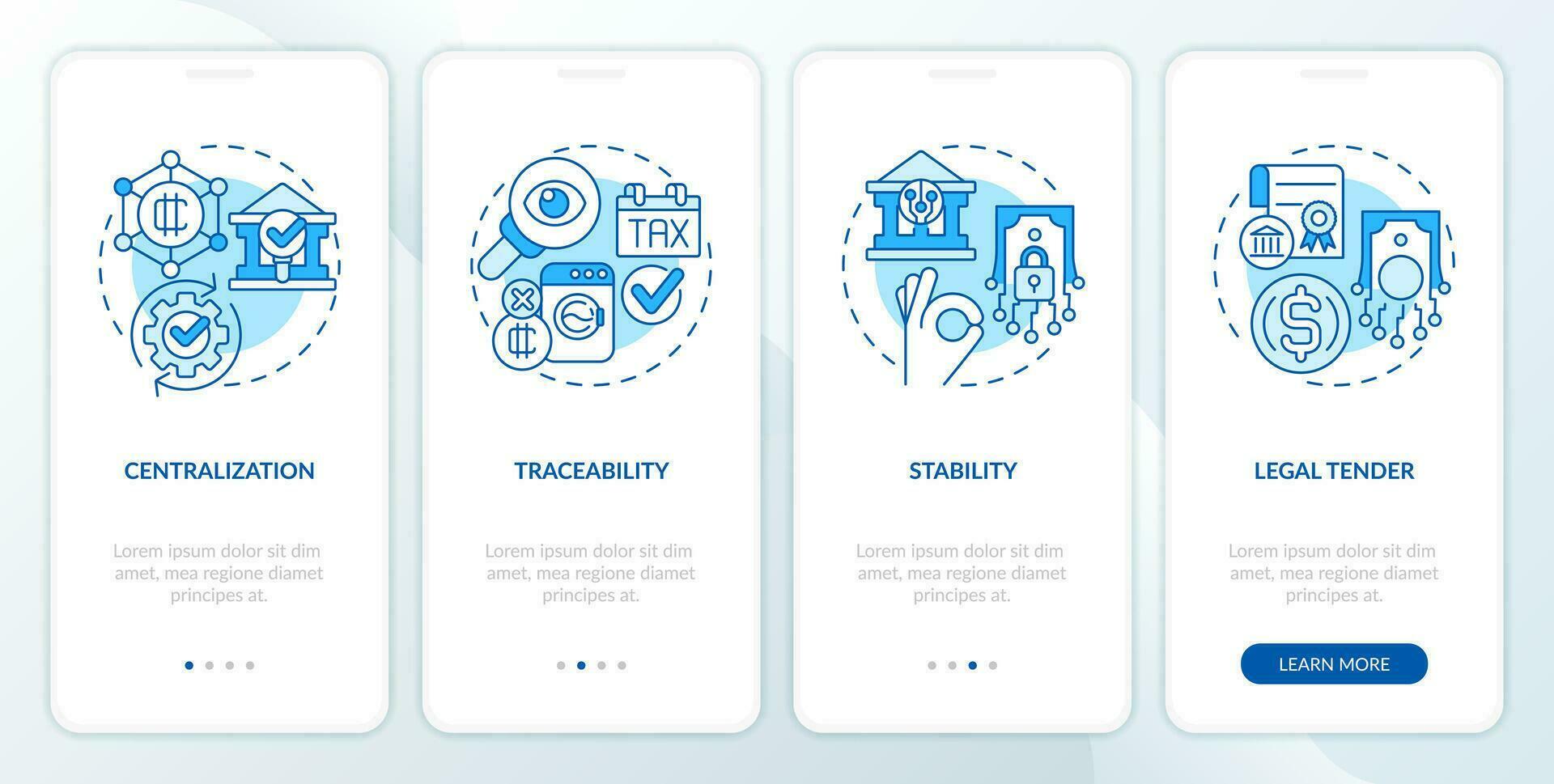2D icons representing digital currency mobile app screen set. Walkthrough 4 steps blue graphic instructions with line icons concept, UI, UX, GUI template. vector