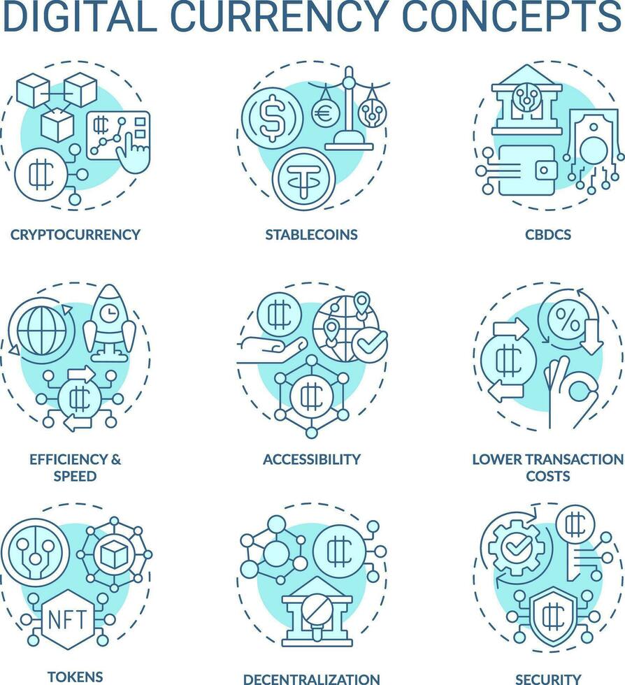 2D editable blue icons set representing digital currency concepts, isolated vector, thin line monochromatic illustration. vector