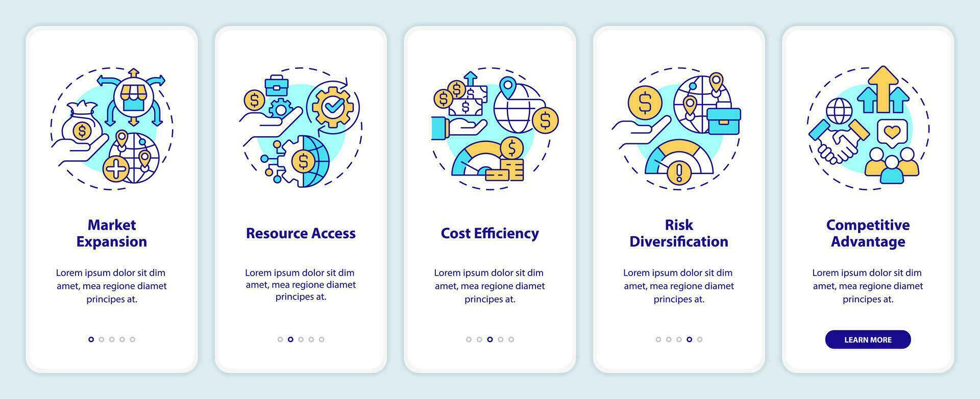 Linear icons representing foreign direct investment mobile app screen set. 5 steps editable graphic instructions, UI, UX, GUI template. vector