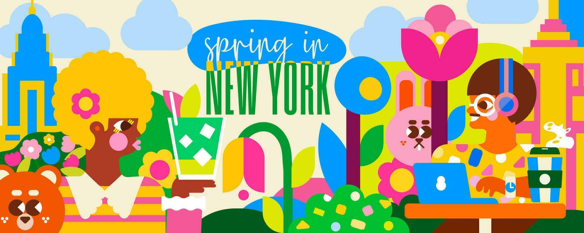 Immerse yourself in spring in New York with this vibrant illustration. Feel the energy of the city among the people, the green park and the famous skyscrapers. vector