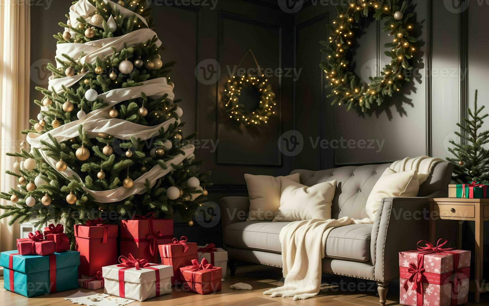 abrazo el calor y alegría un acogedor vivo habitación decoración para un mágico Navidad ai generado foto