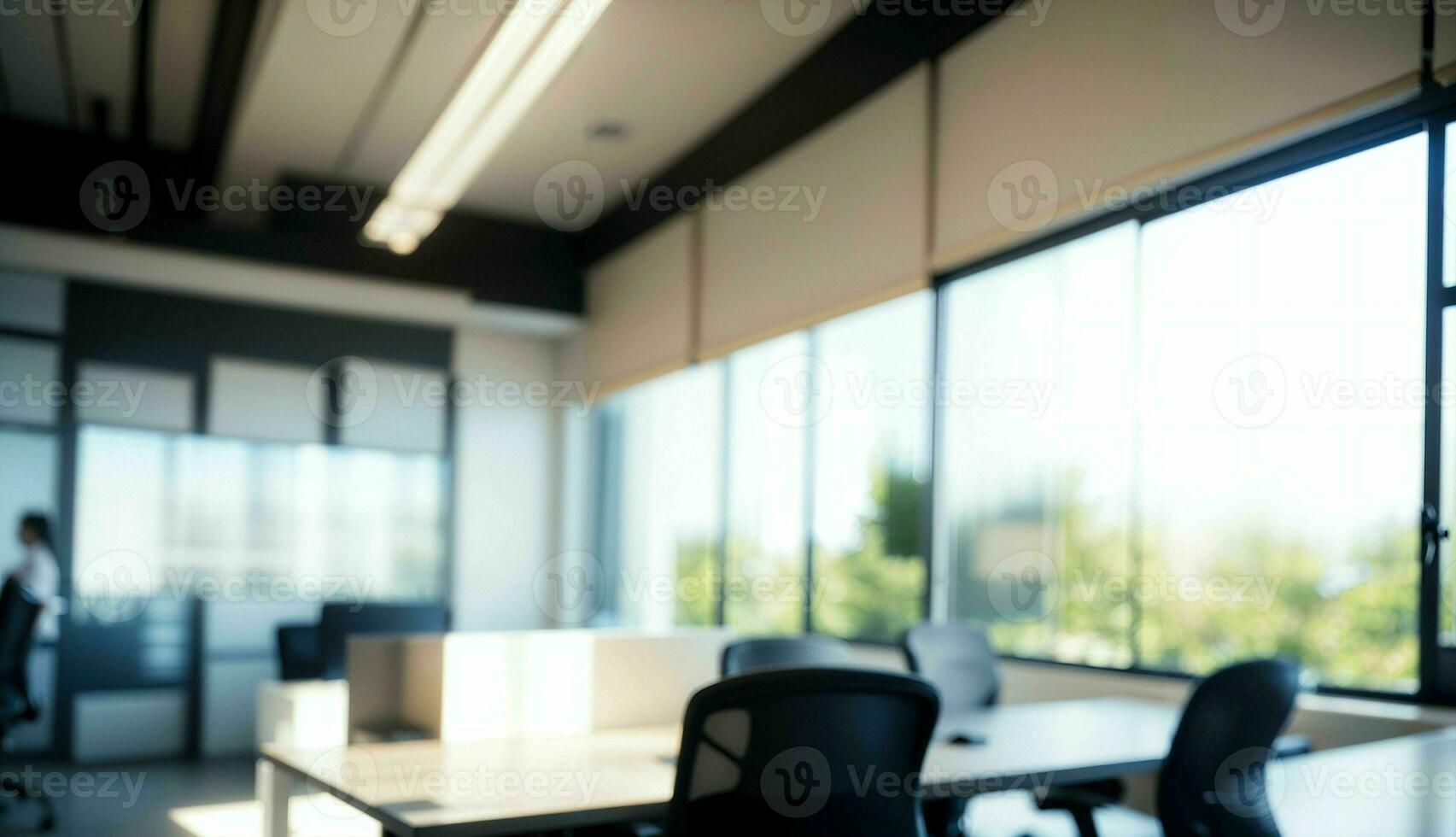 Blurred Background of a Light Modern Office with Panoramic Windows and Beautiful Lighting ai generated photo