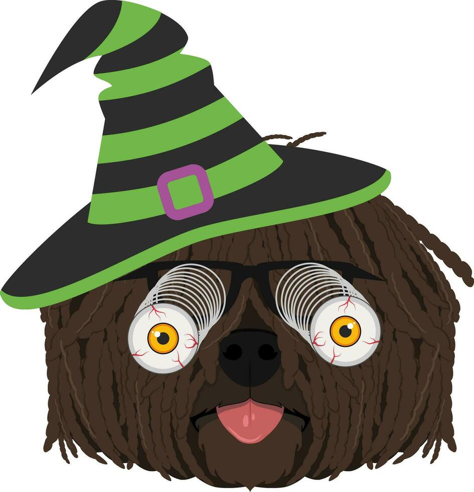 Halloween greeting card. Puli dog dressed as a witch with black and green hat and glasses with terrifying googly eyes vector