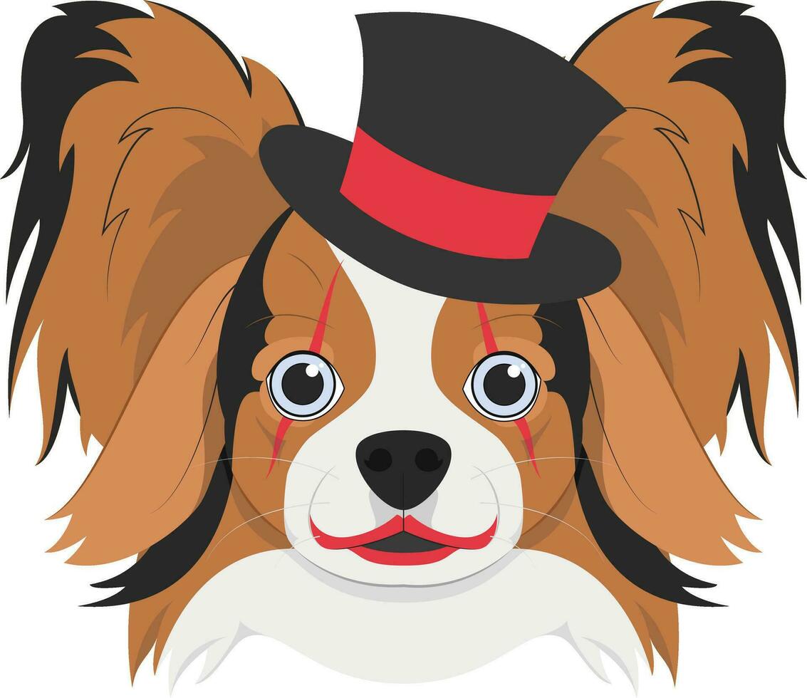 Halloween greeting card. Papillon dog with top hat and clown makeup vector