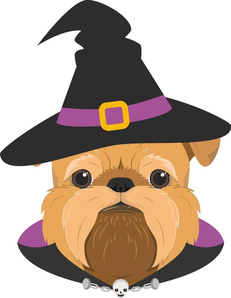 Víspera de Todos los Santos saludo tarjeta. Bruselas grifón perro vestido como un bruja con negro sombrero, púrpura y negro capa, y un pequeño cadena collar con un cráneo vector