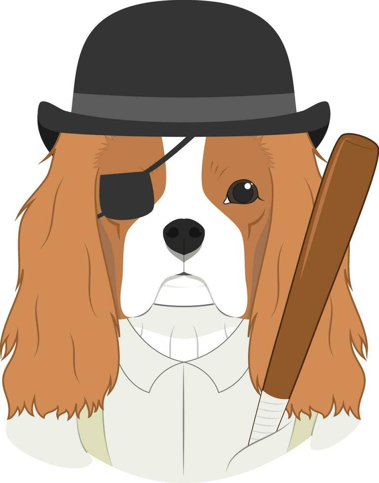 Víspera de Todos los Santos saludo tarjeta. caballero Rey Charles spaniel perro con jugador de bolos sombrero, parche, blanco camisa con tirantes, y un béisbol murciélago vector