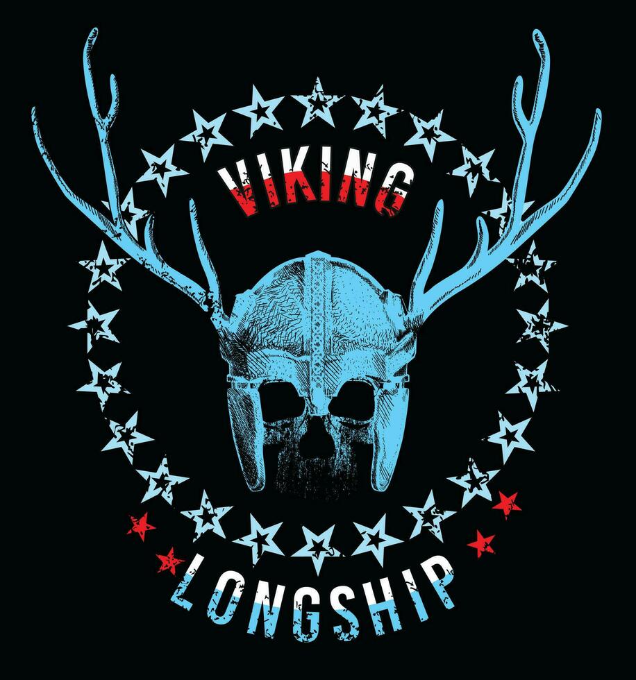vector illustration of a skull with viking helmet surrounded by small skulls on black background. Head drawing for t-shirts or posters.