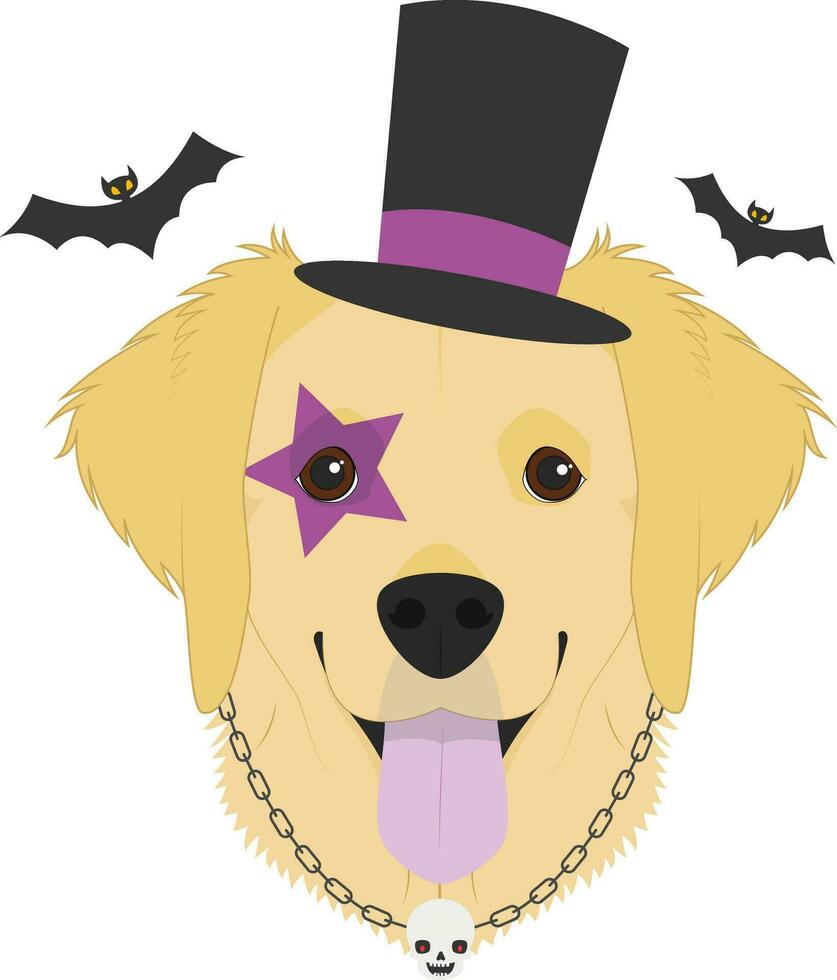 Halloween greeting card. Golden Retriever dog with top hat, chain necklace and a skull, and an eye tattoo vector