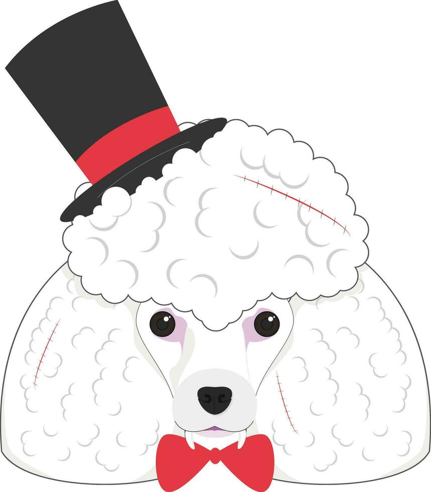 Halloween greeting card. Poodle dog with top hat, bow tie and several scars vector