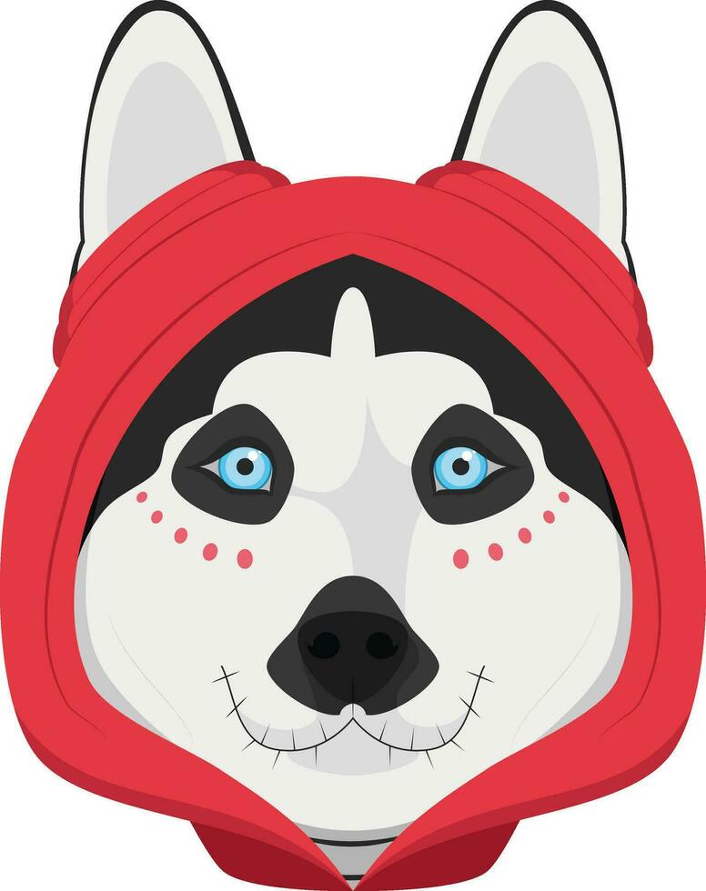 Halloween greeting card. Siberian Husky dog dressed as a skeleton with red hood vector