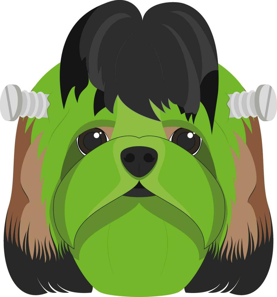 Víspera de Todos los Santos saludo tarjeta. shitzu perro de colores en verde y vestido como un monstruo con empulgueras en el cabeza vector