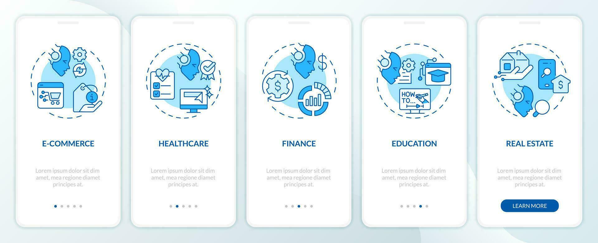 2D icons representing AI for SEO mobile app screen set. Walkthrough 5 steps blue graphic instructions with linear icons concept, UI, UX, GUI template. vector