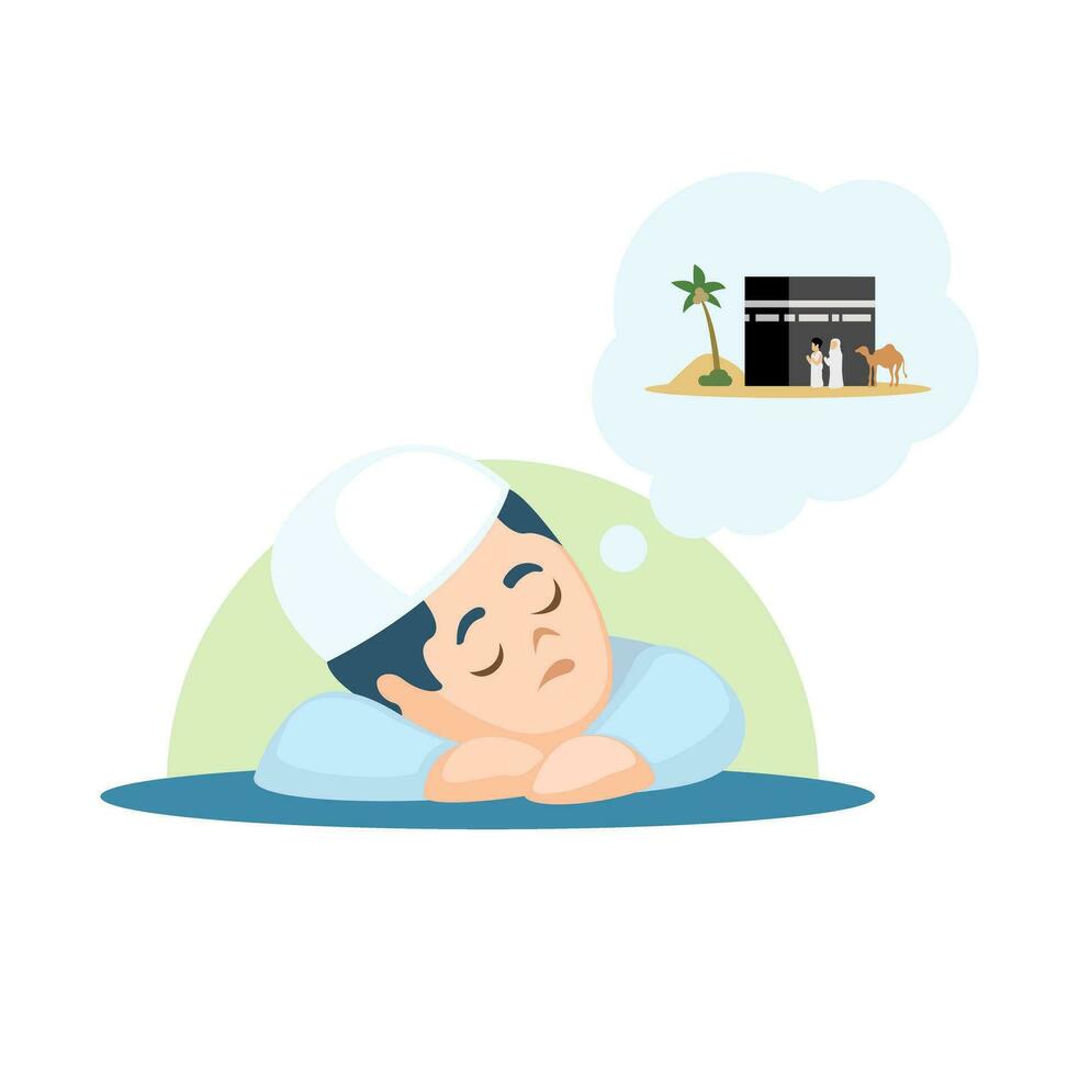 Sleeping Child Dreams Of Going On A Pilgrimage Hajj Islamic Tradition Cartoon illustration Vector