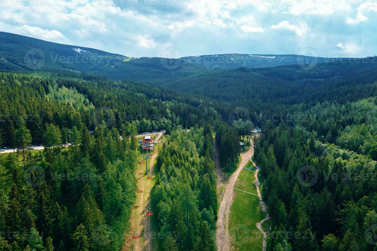 Aerial view of mountains with open cable cars lift, Karpacz, Poland photo