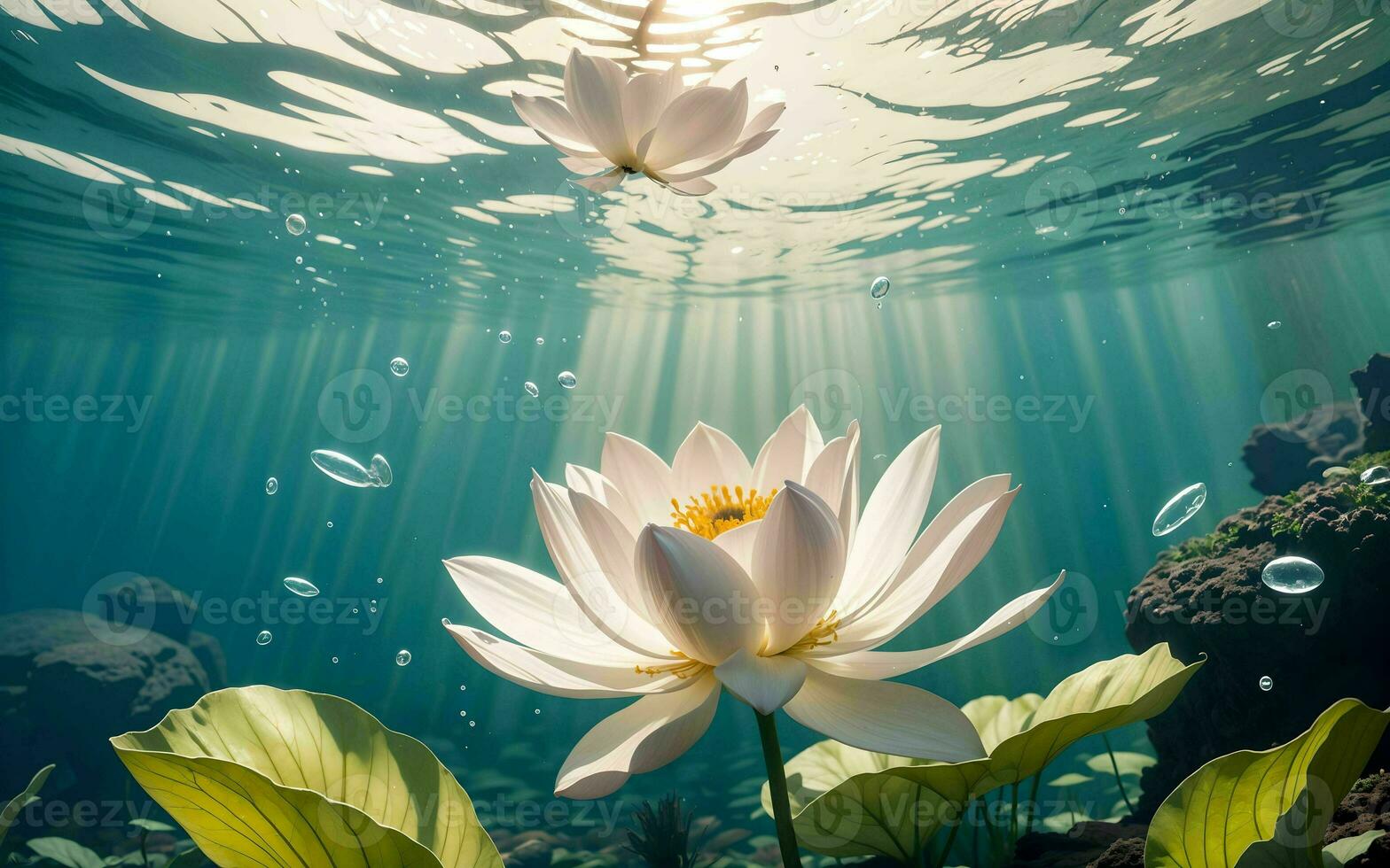 The Exquisite Pink Lotus Blossom Submerged in Tranquility ai generated photo