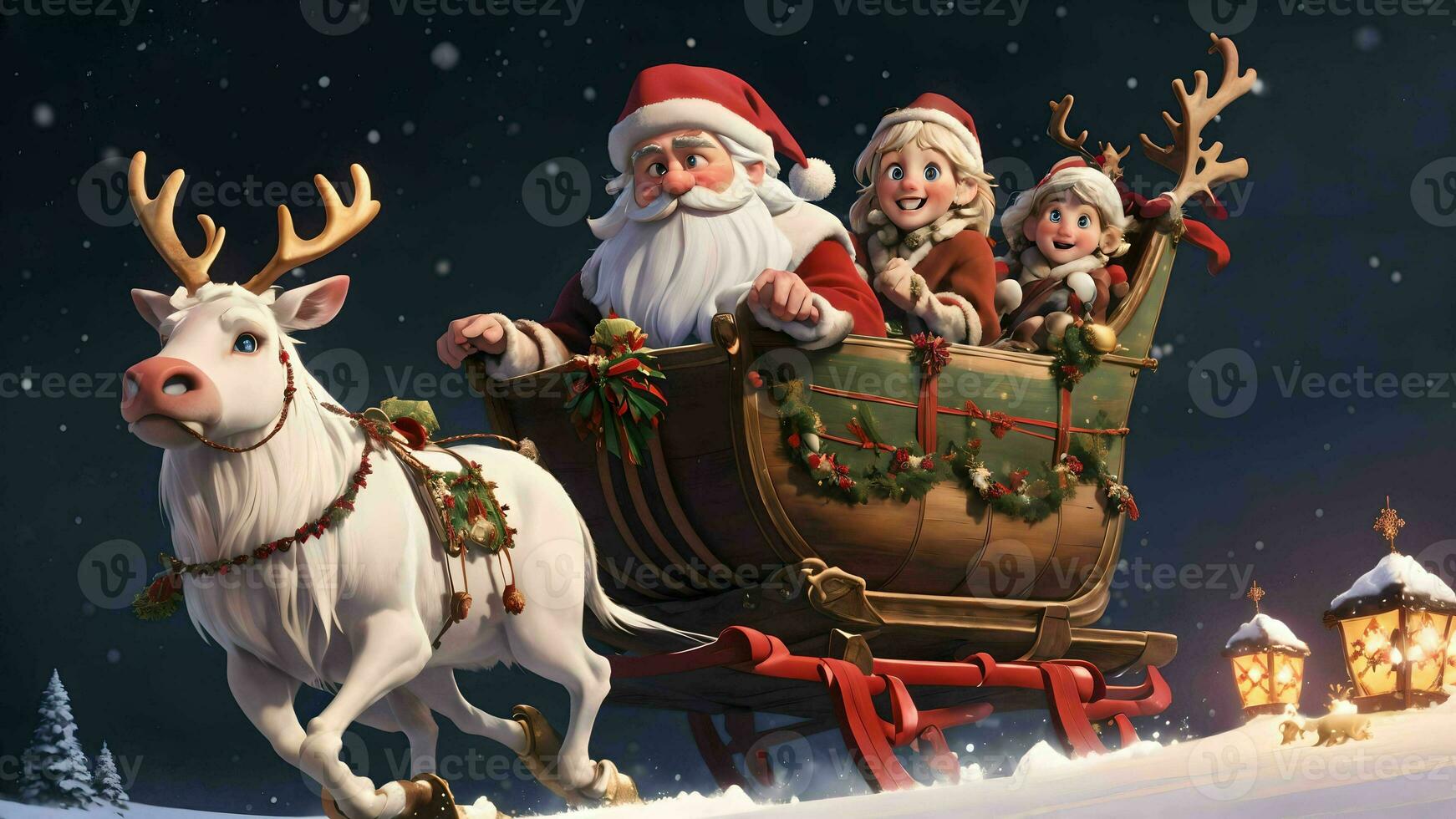 Santa Claus' Magical Journey in a Sleigh through Snowy Nightscapes on Xmas Eve ai generated photo