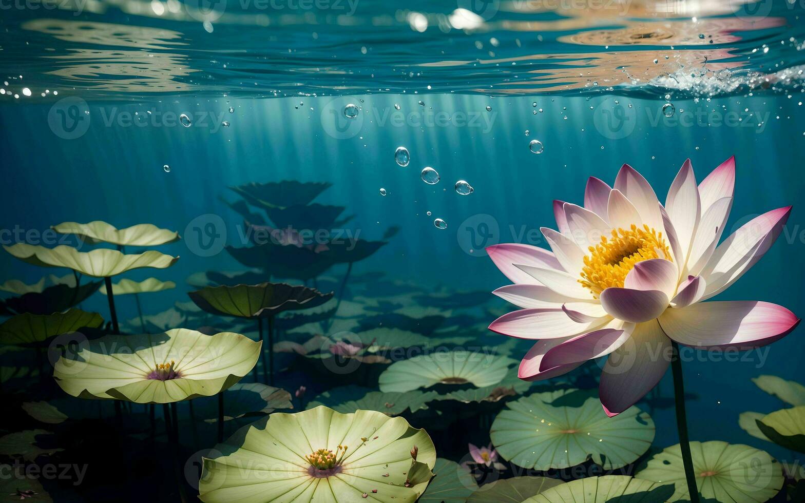 The Exquisite Pink Lotus Blossom Submerged in Tranquility ai generated photo