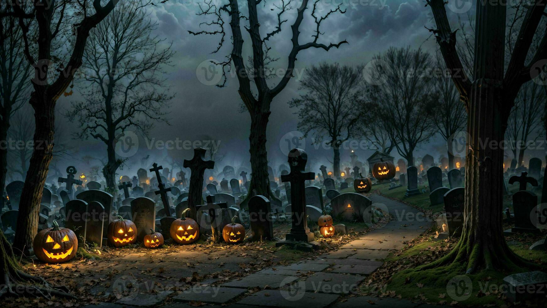 A Spooky Graveyard Halloween Scene ai generated photo