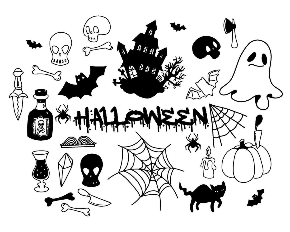 Collection Halloween doodles. Creepy mystical house with bat and cobweb, rum, skull, bones, pumpkin and ghost. Vector illustration. Isolated outline drawings and black silhouette for festive design.