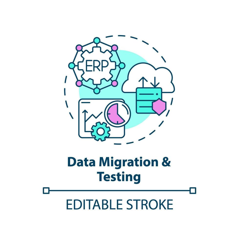 Editable data migration and testing icon concept, isolated vector, enterprise resource planning thin line illustration. vector