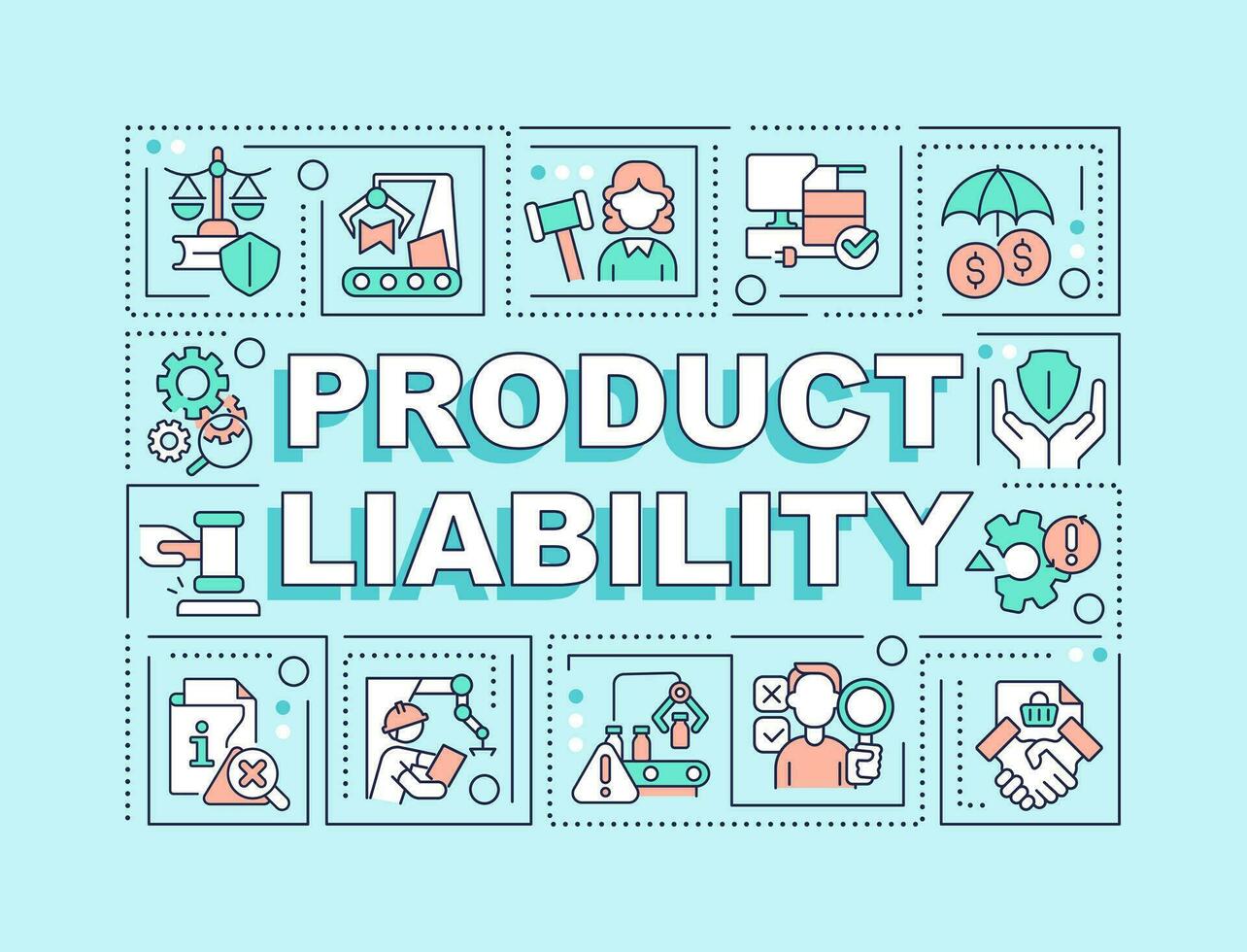 Product liability text with various thin line icons concept on blue monochromatic background, editable 2D vector illustration.