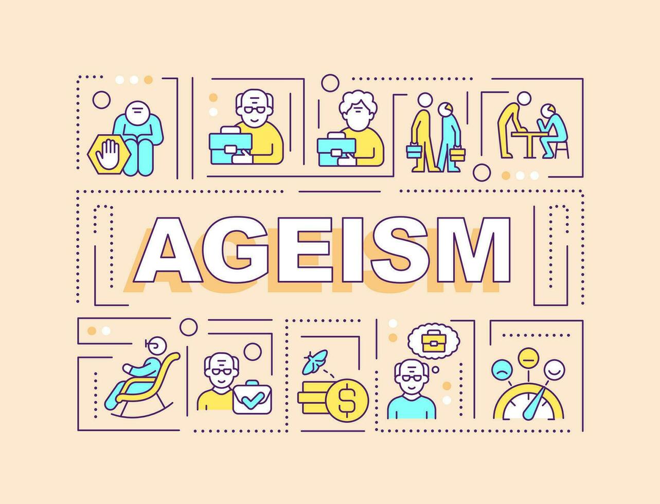 Ageism text with various thin line icons concept on beige monochromatic background, editable 2D vector illustration.