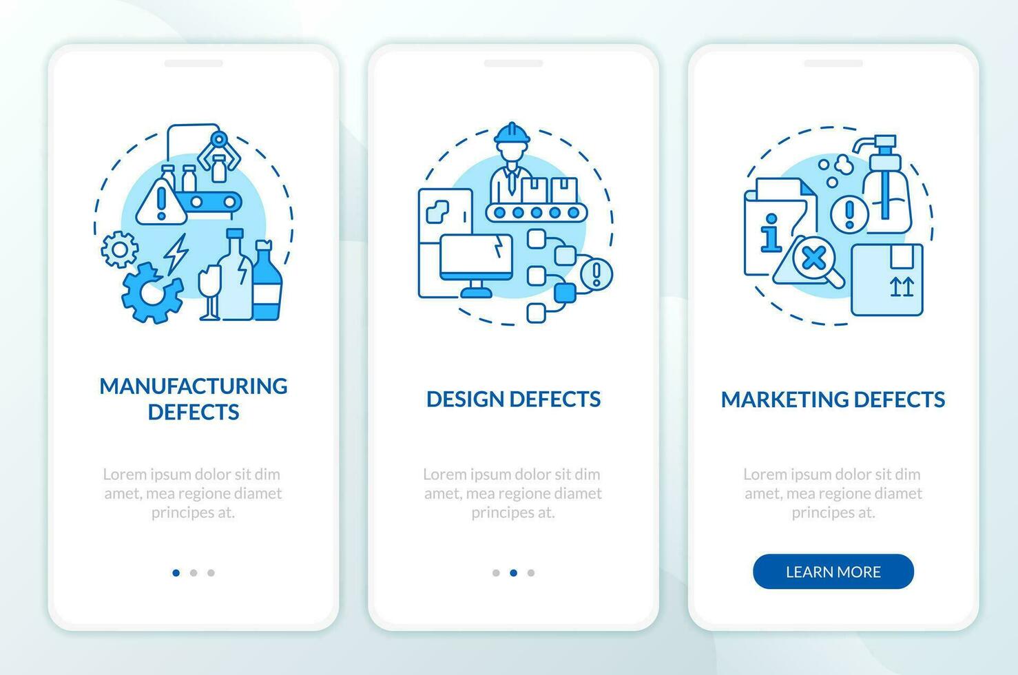 2D icons representing product liability mobile app screen set. Walkthrough 3 steps blue graphic instructions with thin line icons concept, UI, UX, GUI template. vector