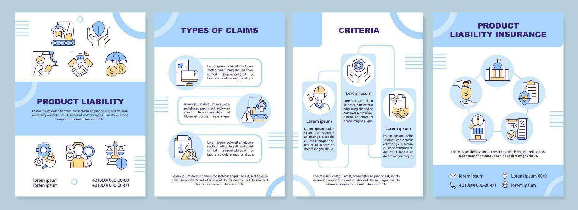 2D product liability blue brochure template, leaflet design with thin line icons, 4 vector layouts.