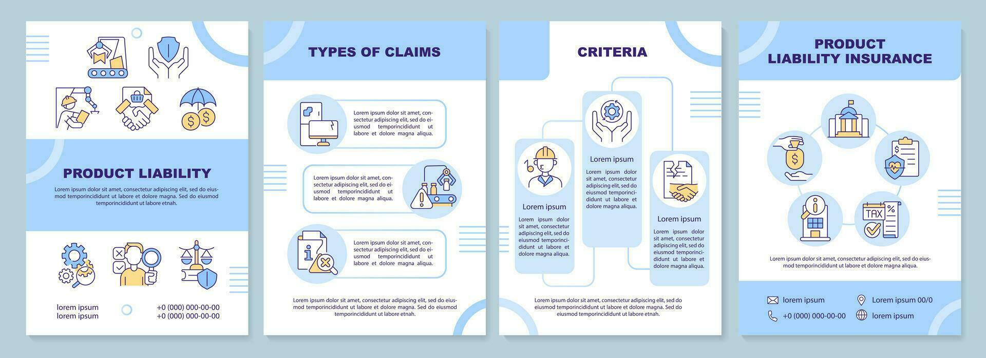 2d producto responsabilidad azul folleto plantilla, folleto diseño con Delgado línea iconos, 4 4 vector diseños