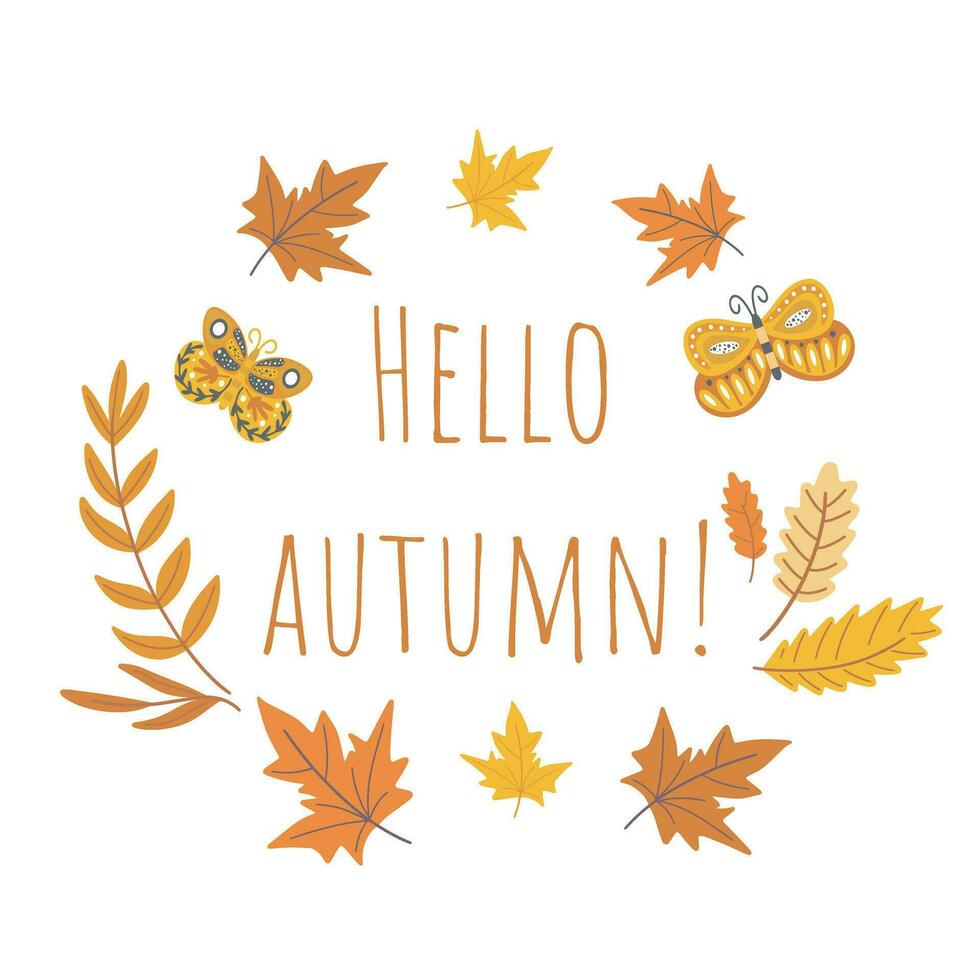 Hello autumn card with falling leaves vector