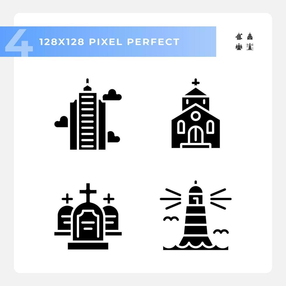 Glyph style icons set representing various buildings, silhouette illustration. vector