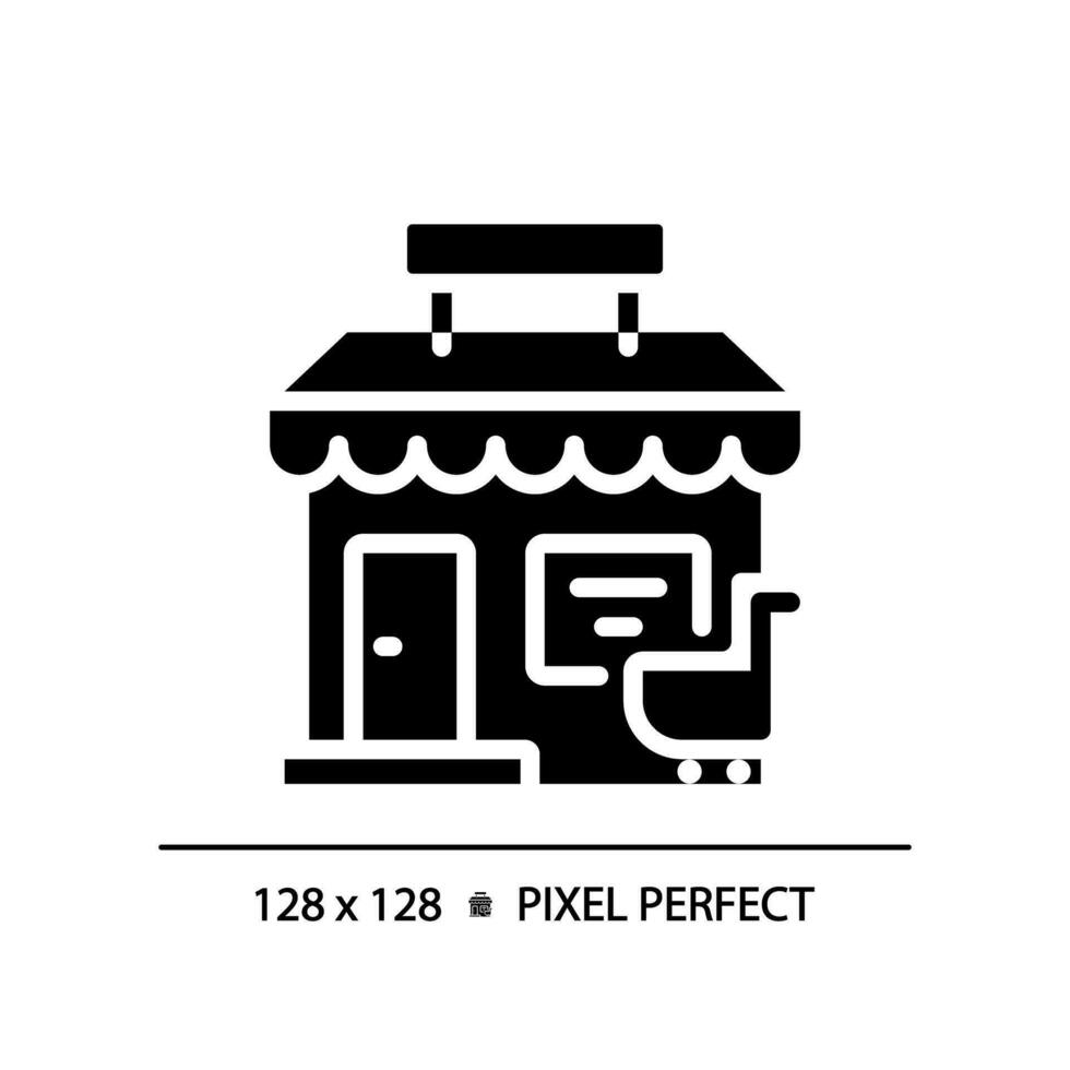 2D pixel perfect glyph style store icon, isolated vector, silhouette building illustration. vector