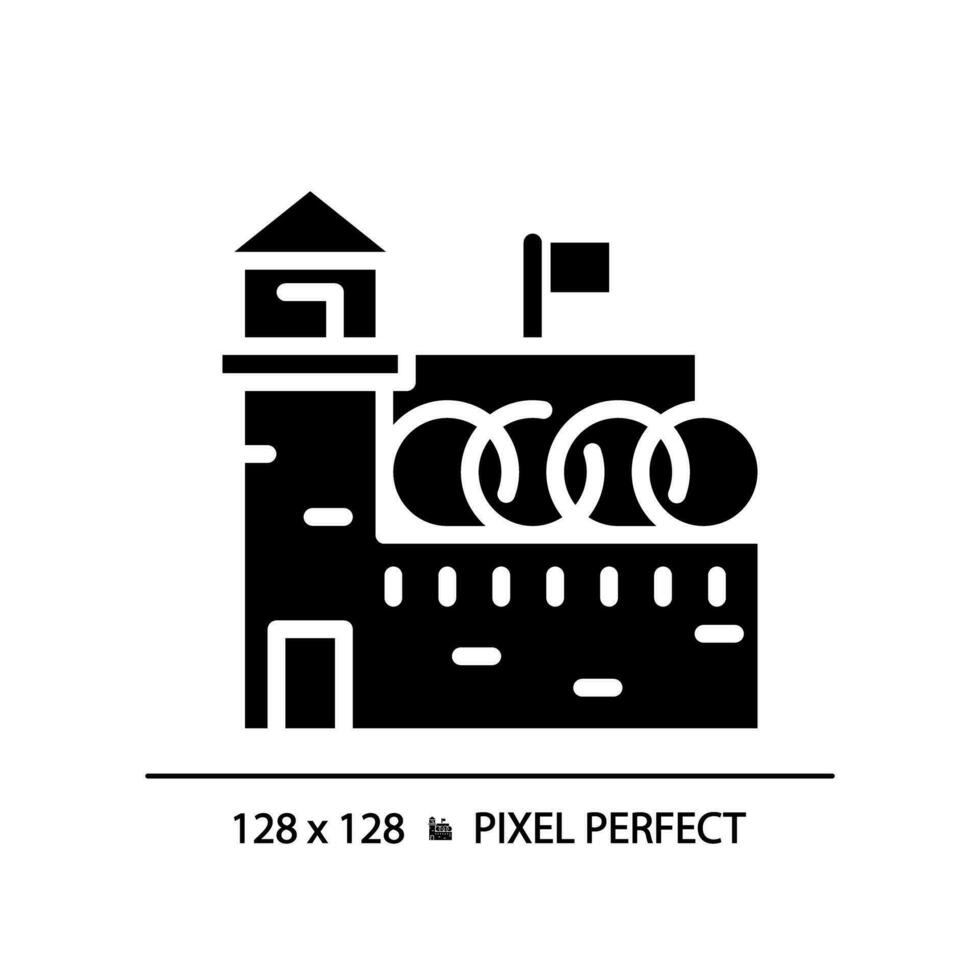 2D pixel perfect glyph style prison icon, isolated vector, silhouette building illustration. vector