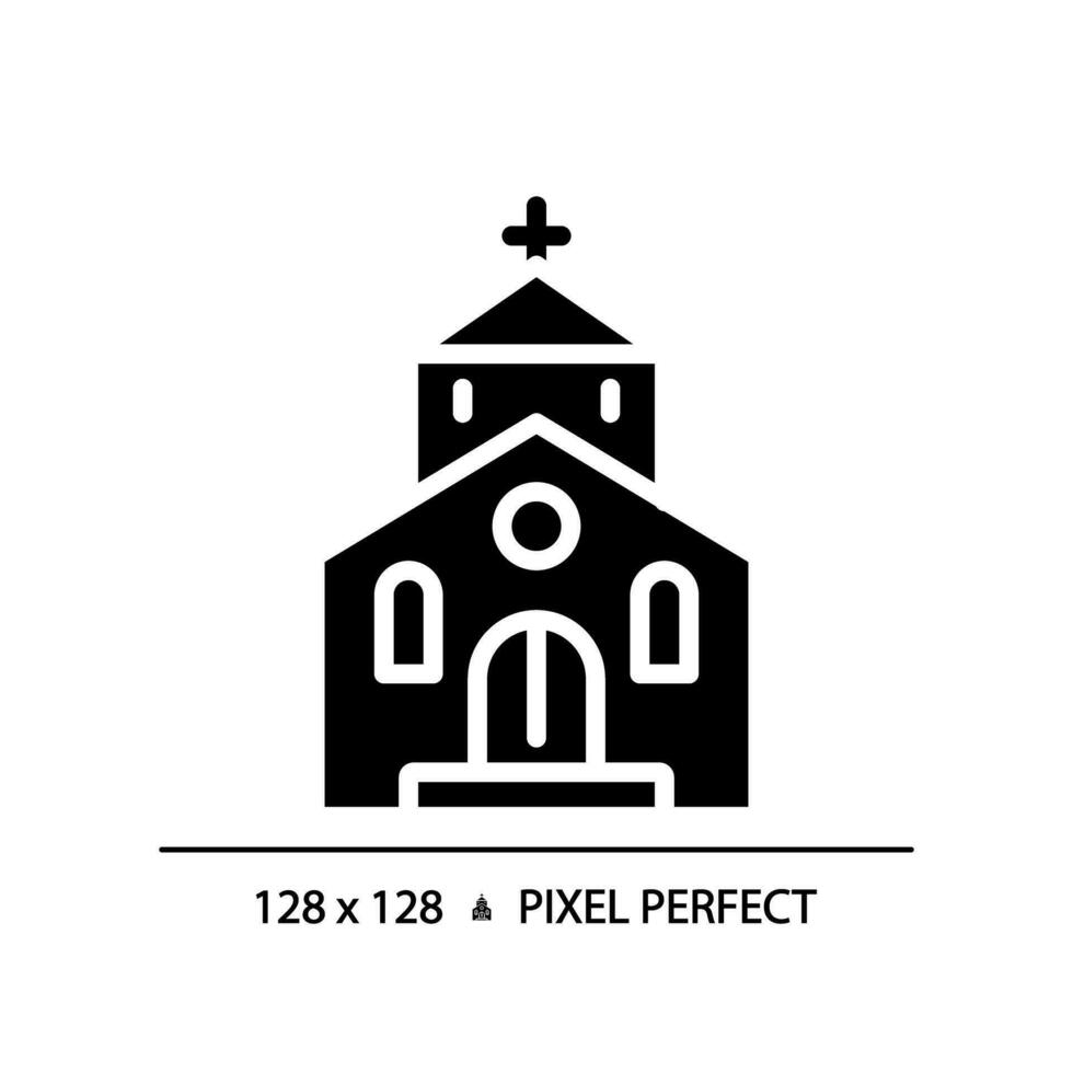 2D pixel perfect glyph style church icon, isolated vector, silhouette building illustration. vector
