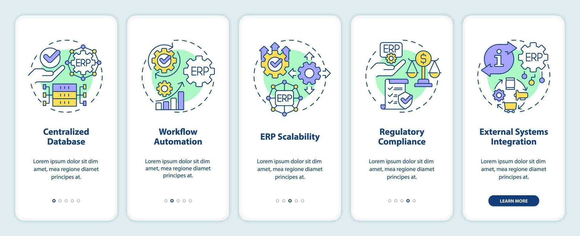 2D icons representing enterprise resource planning mobile app screen set. Walkthrough 5 steps graphic instructions with linear icons concept, UI, UX, GUI template. vector