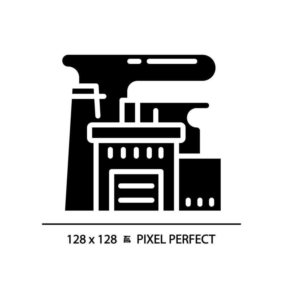 2D pixel perfect glyph style factory icon, isolated vector, silhouette building illustration. vector