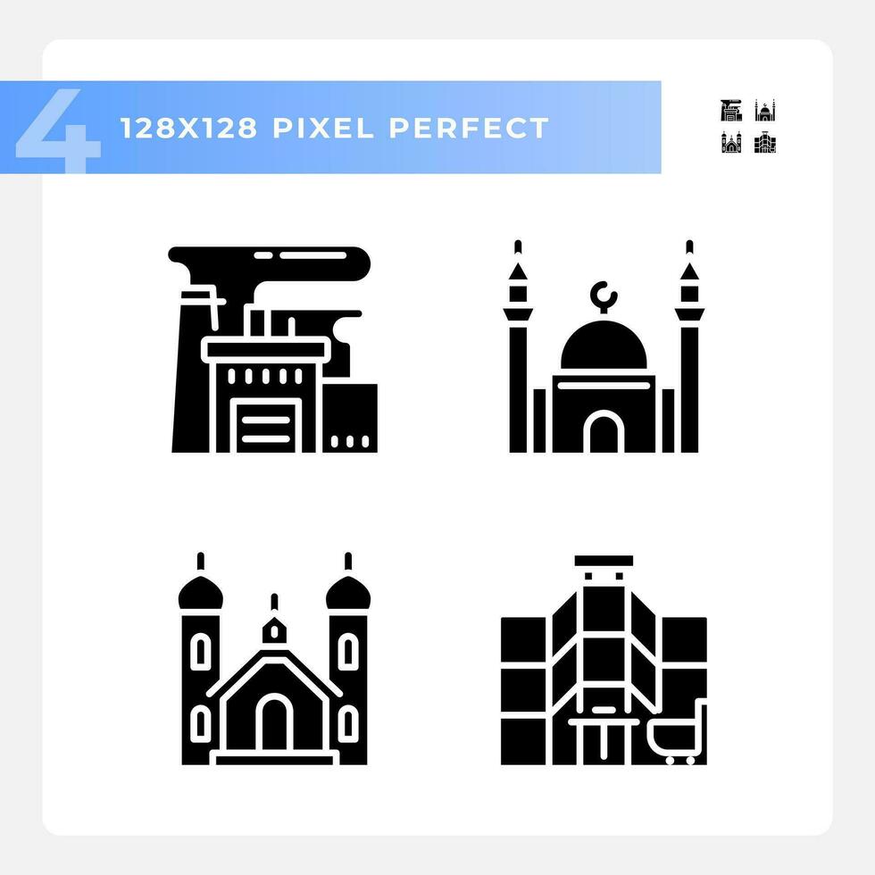 Pixel perfect glyph style icons set representing various buildings, silhouette illustration. vector