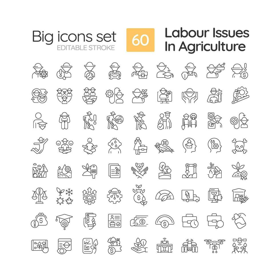 Labour issues in agriculture linear icons set. Rural development. Agriculture business. Farm worker. Customizable thin line symbols. Isolated vector outline illustrations. Editable stroke