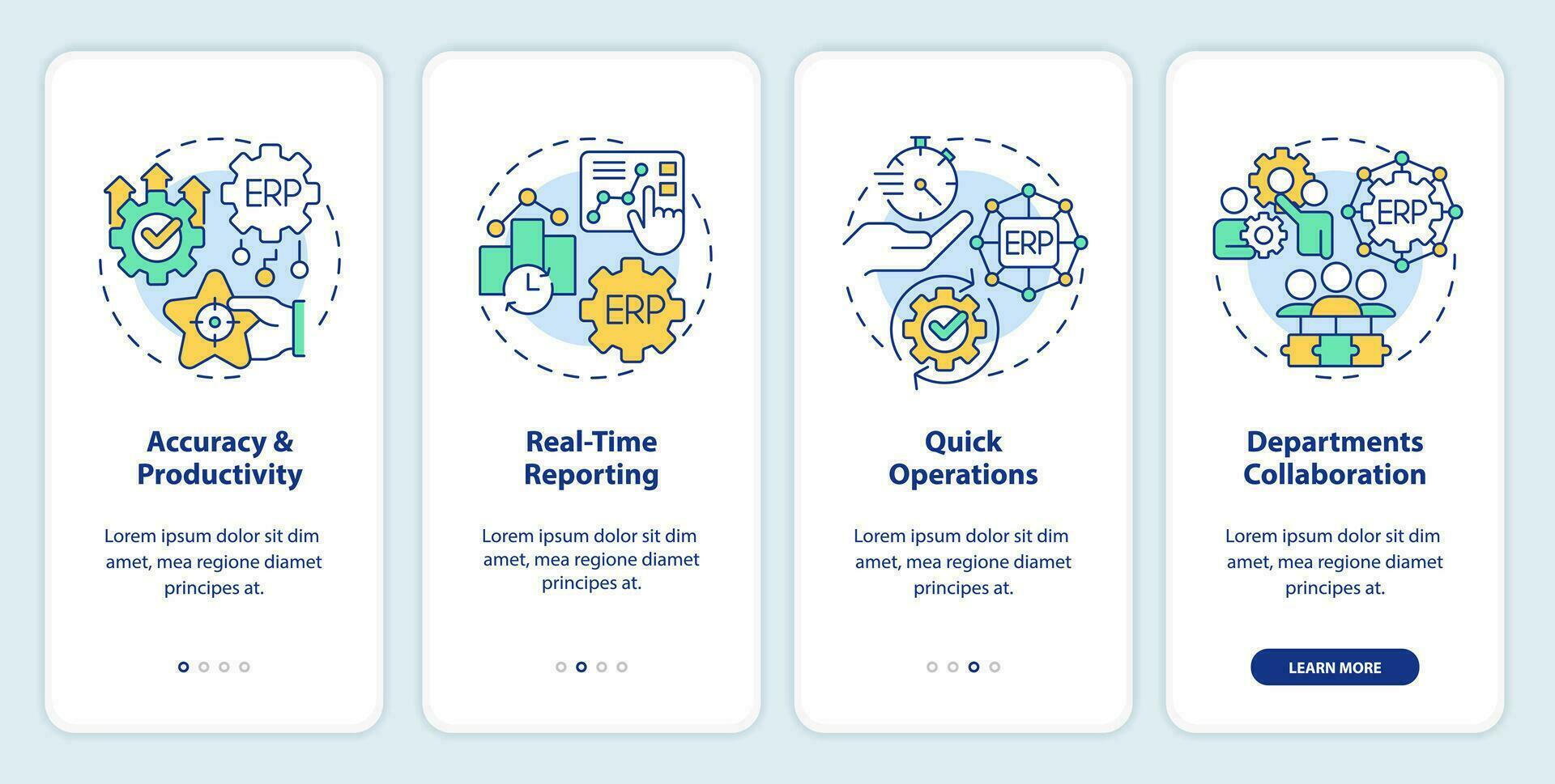 2D icons representing enterprise resource planning mobile app screen set. Walkthrough 4 steps multicolor graphic instructions with thin line icons concept, UI, UX, GUI template. vector