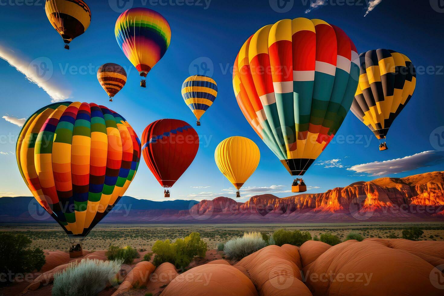 Multi-colored hot air balloons flying festival. Generative AI photo