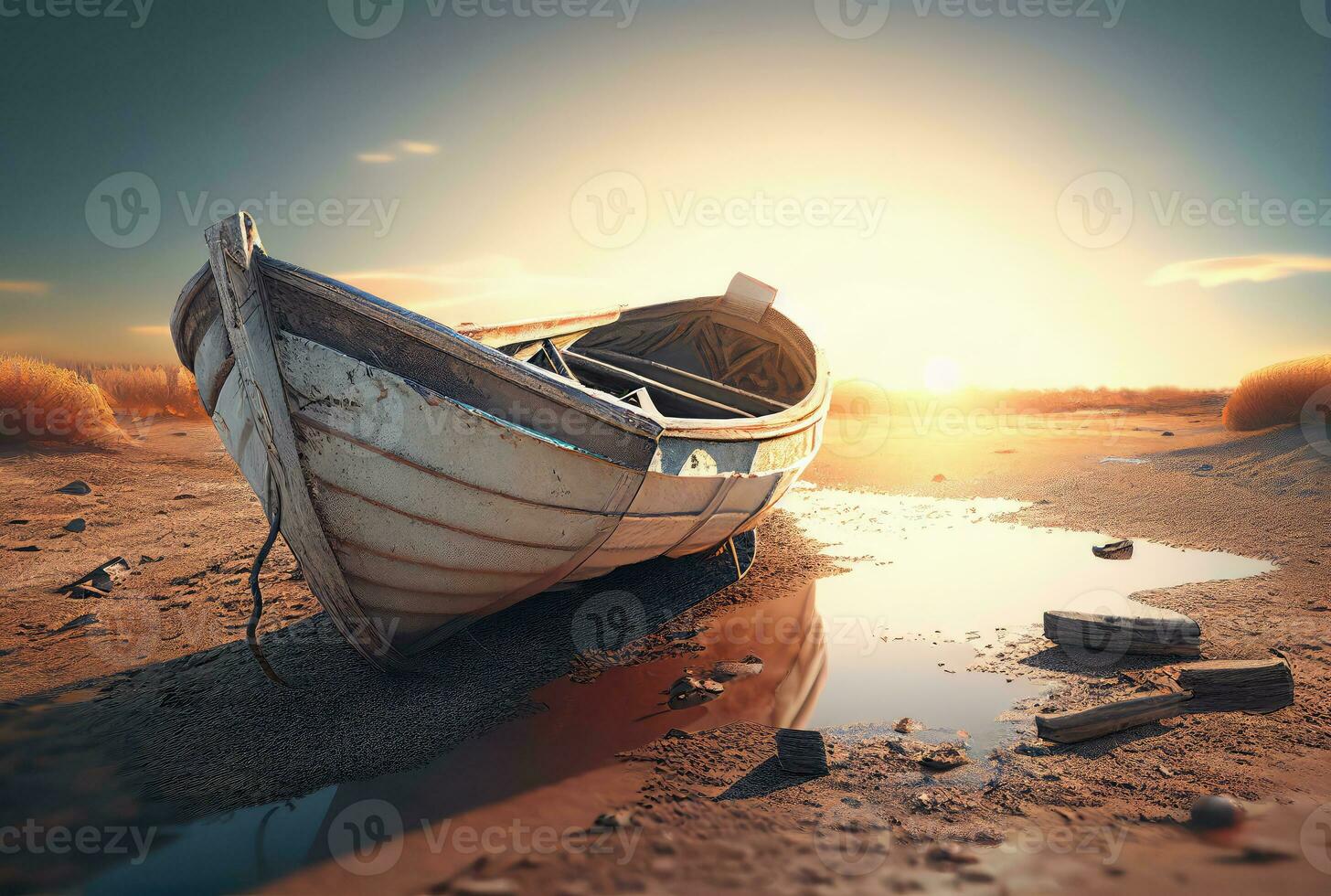 Old rowing boat ran aground, around sand and puddle of water. Generative AI photo