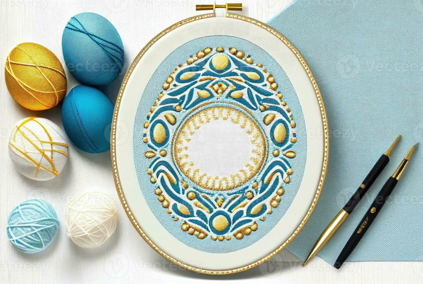 Embroidered embroidery frame in blue gold color, Easter eggs, handmade background. Generative AI photo